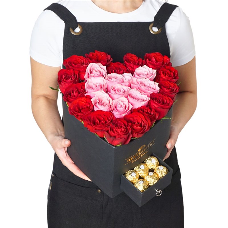 Premium Heart-Shaped Box with Red and Pink Roses and Ferrero Rocher