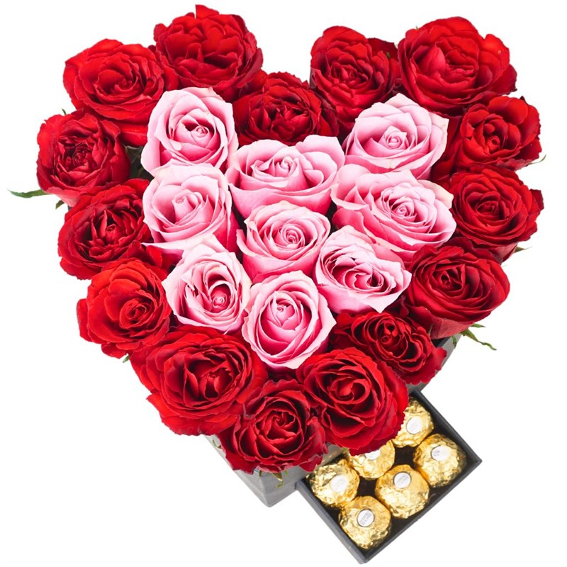 Premium Heart-Shaped Box with Red and Pink Roses and Ferrero Rocher
