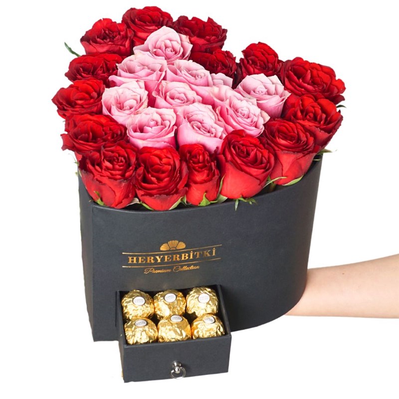 Premium Heart-Shaped Box with Red and Pink Roses and Ferrero Rocher