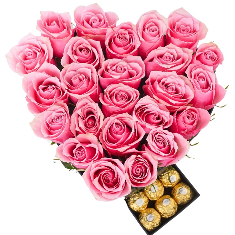 Premium Heart-Shaped Box with 24 Pink Roses and Ferrero Rocher