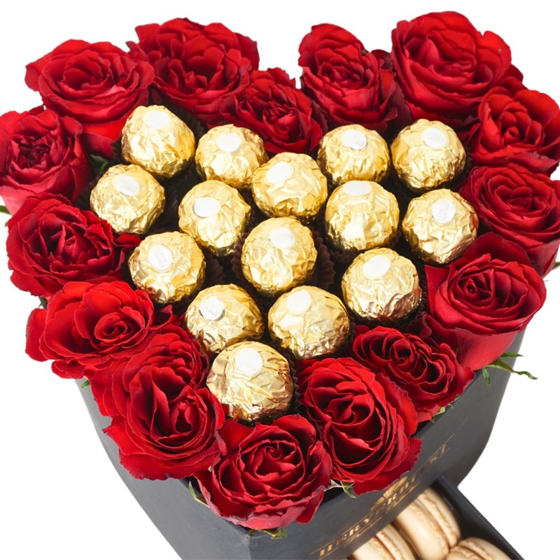 Premium Heart-Shaped Box with Ferrero Rocher, Macaron, and Red Rose