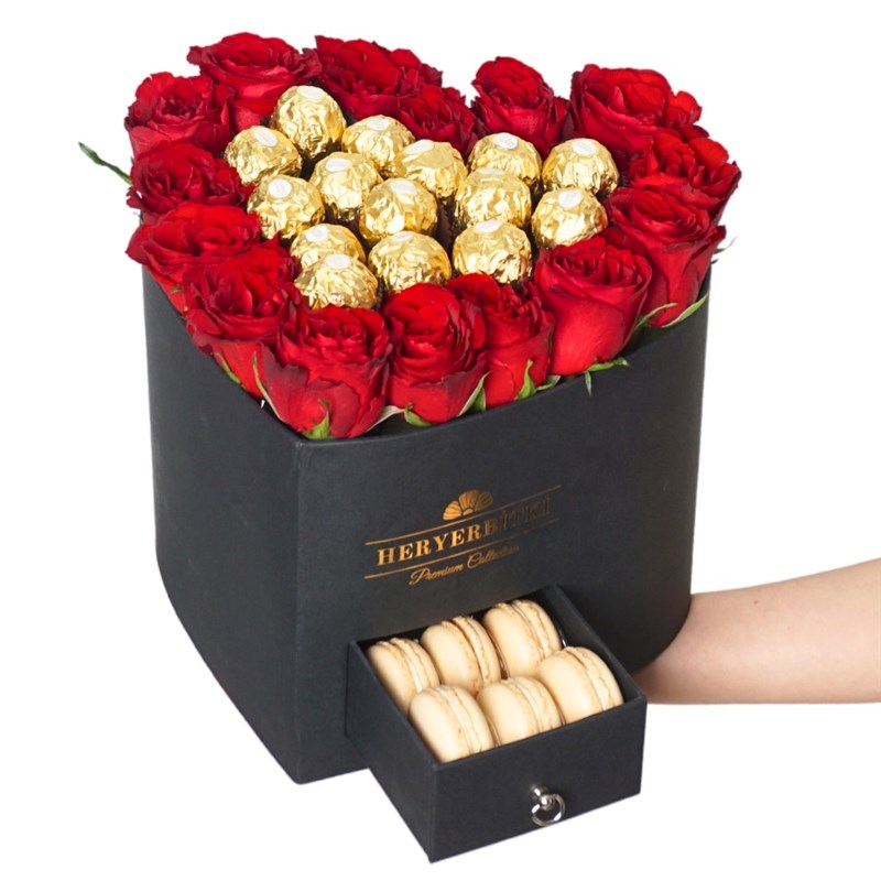 Premium Heart-Shaped Box with Ferrero Rocher, Macaron, and Red Rose