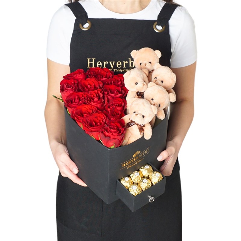 Premium Heart-Shaped Box with Red Roses, Teddy Bear, and Chocolates