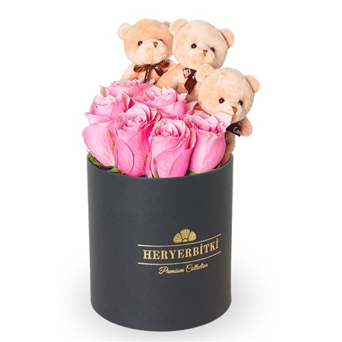 Pink Roses and Teddy Bear in a Premium Black Box