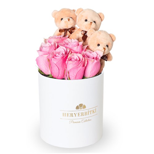 Pink Roses and Teddy Bear in a Premium White Box