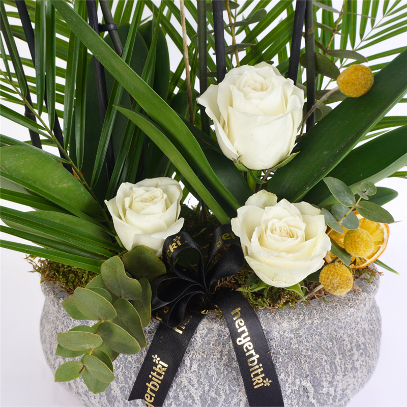 4 Dallı Beyaz Orkide ve Güller Aranjmanı (Premium White Orchid & Rose)
