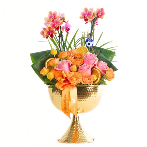 Golden Floral (Ayaklı Altın Vazoda Güller ve Ateş Orkide Aranjmanı)