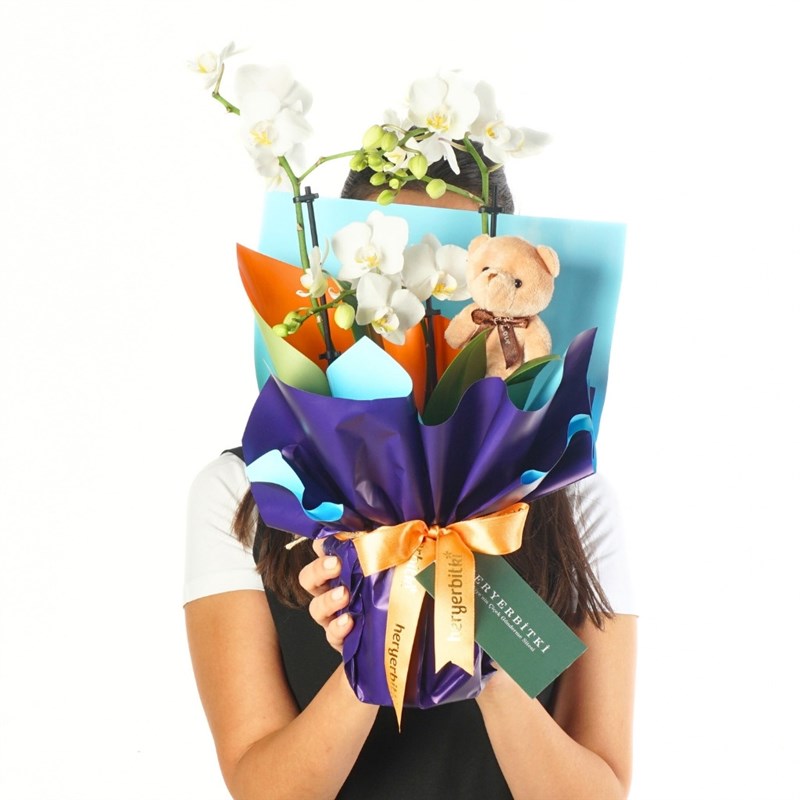 Cuddle Orchid (White Orchid and Cute Teddy Bear Arrangement)