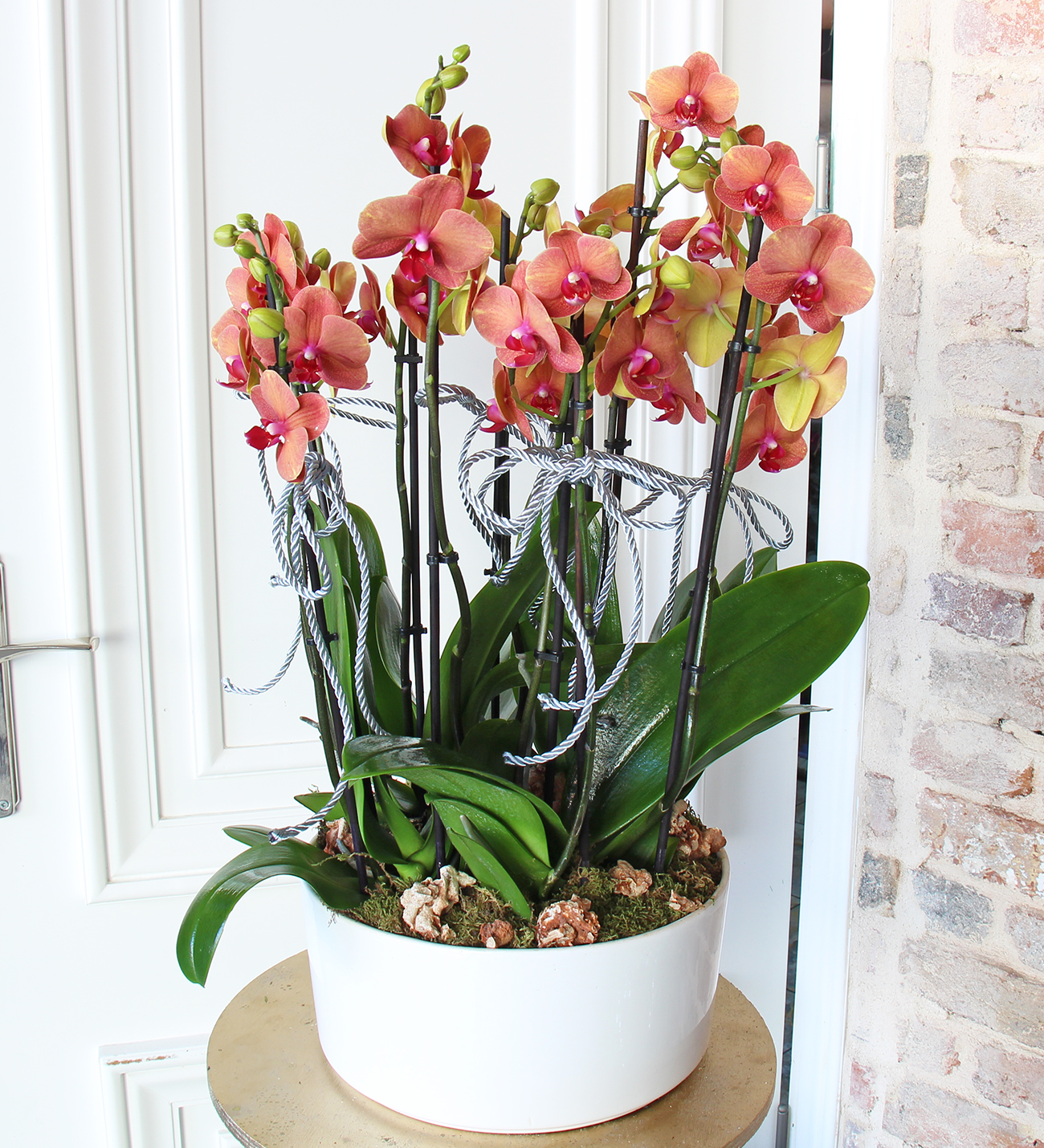 Matila seramik vazo da 8 dallı ateş rengi turuncu orkide tasarımı