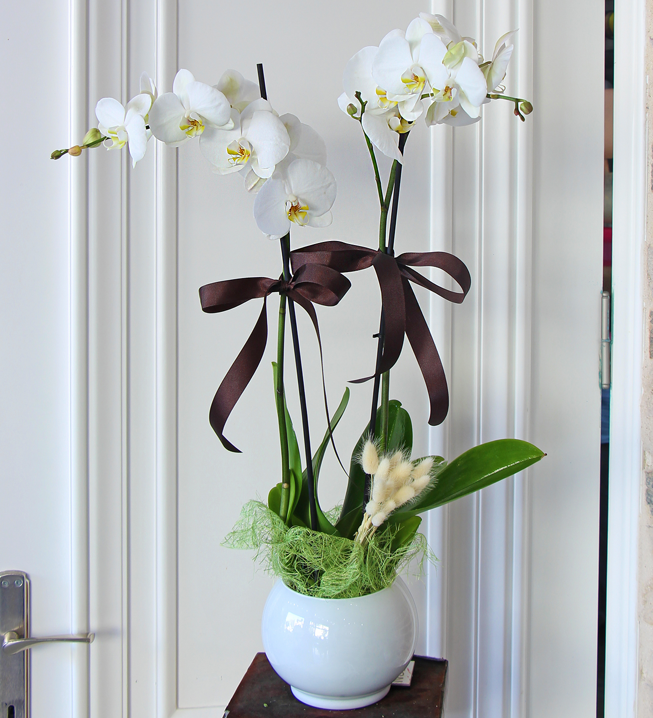 Tasarım iki dallı beyaz orkide aranjmanı