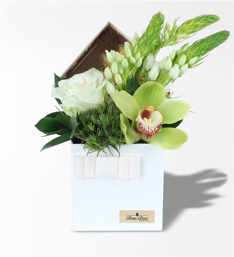 White Rose and Flower Arrangement in a White Box