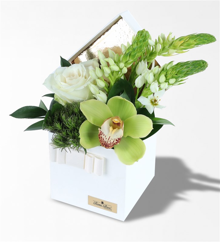 White Rose and Flower Arrangement in a White Box
