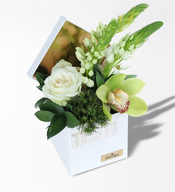 White Rose and Flower Arrangement in a White Box