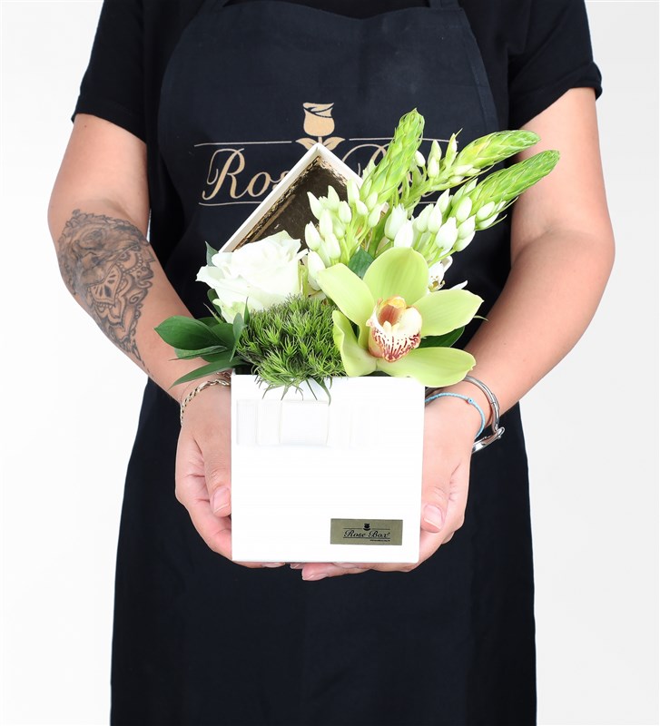 White Rose and Flower Arrangement in a White Box