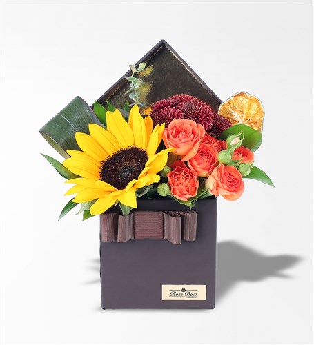 Sunflower arrangement in a brown box with orange rose bushes.