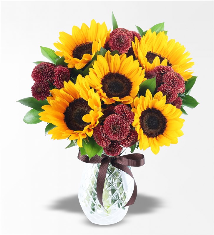 Sunflower and Brown Grass Arrangement in a Glass Vase