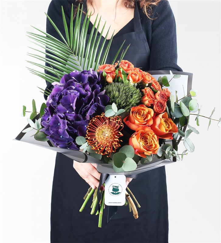 Purple Hydrangea and Orange Rose Bouquet