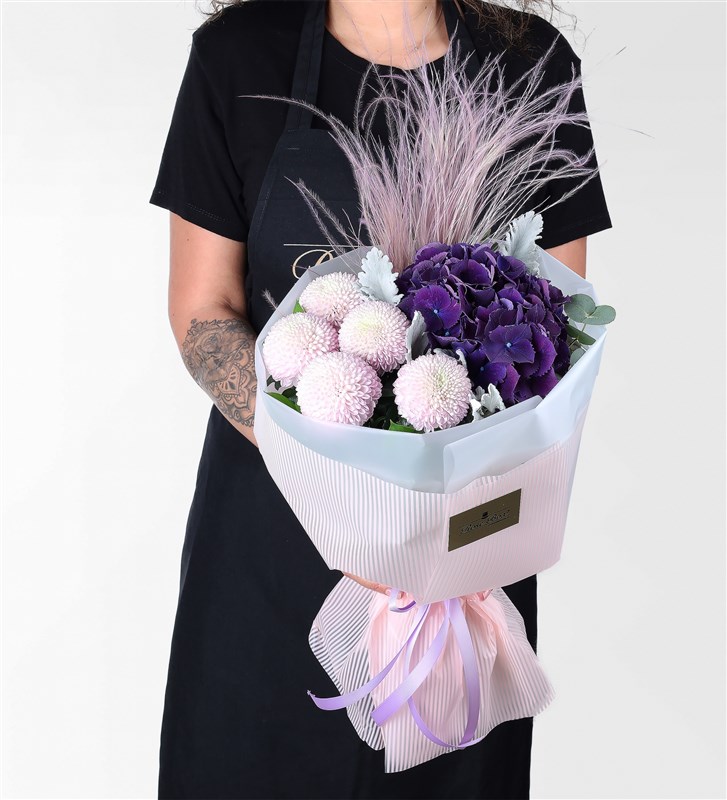 Pink Ball Anastasia and Purple Hydrangea New Trend Bouquet