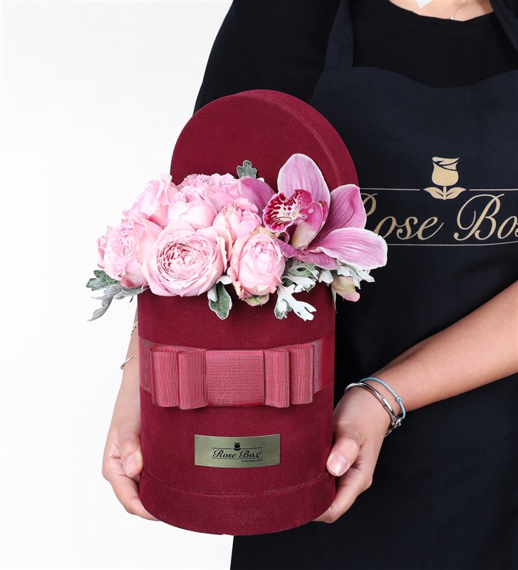 Pink Special Arrangement of Roses and Orchids in a Burgundy Velvet Box