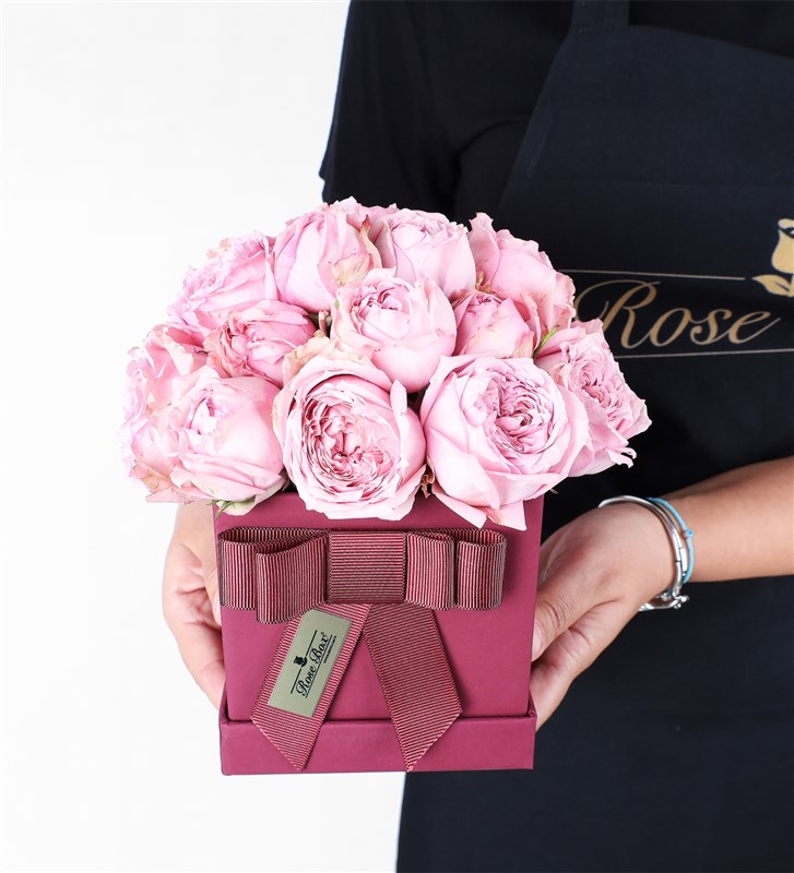 Burgundy Box with Arbor Pink Peony Roses