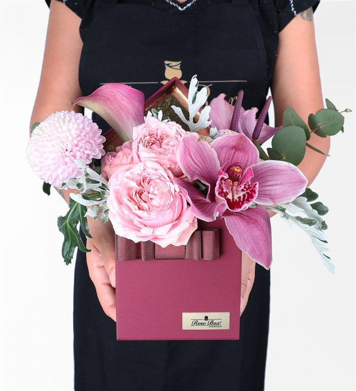 Gala in a Burgundy Box, Pink Flower Arrangement with Anthurium Roses
