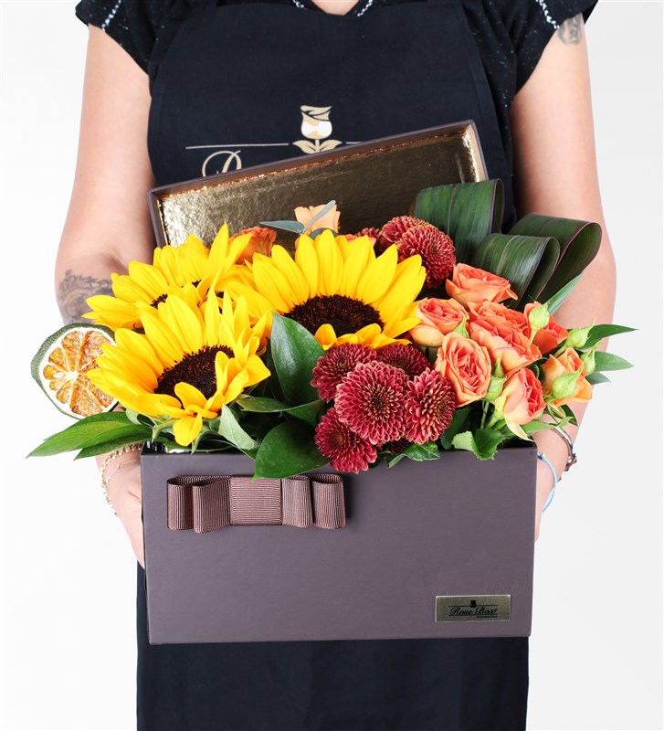 Sunflower Flower Arrangement in a Brown Box with Orange Arrangement Roses (XL)