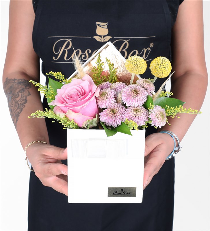 Pink Rose and Pink Daisy Arrangement in a Cream Box