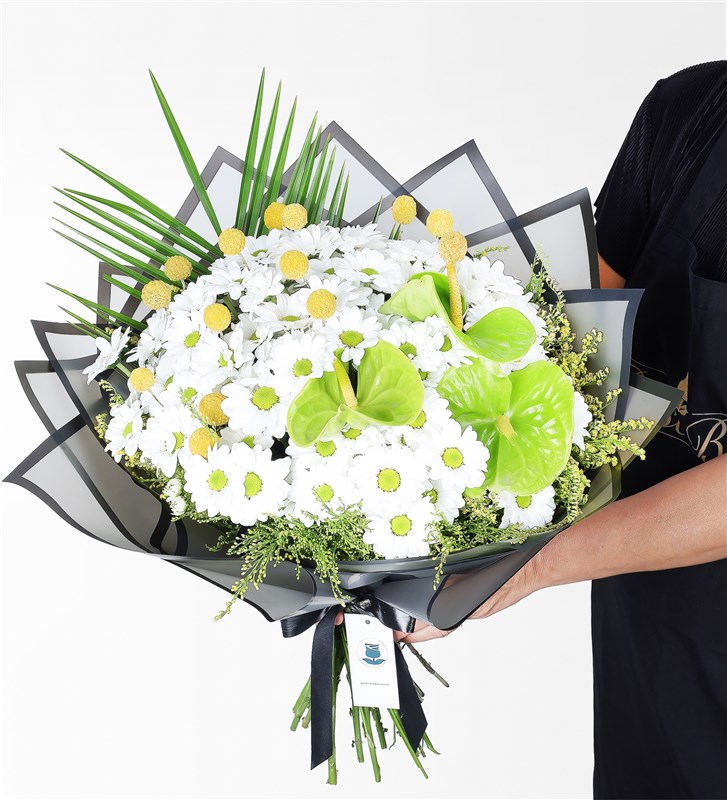 White Daisy and Green Anthurium Bouquet in Matte Black Cellophane Packaging