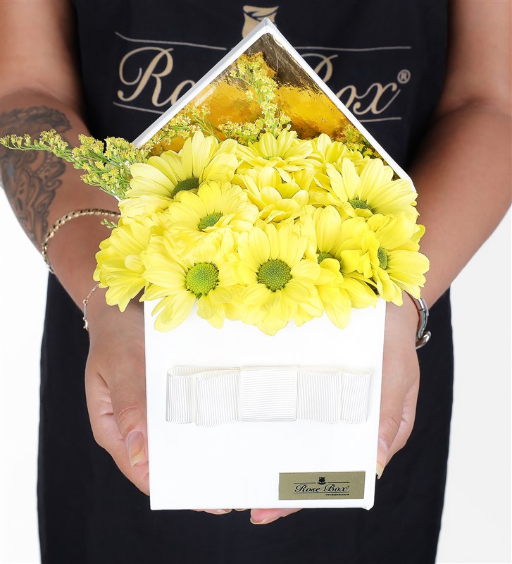 Yellow Daisy Arrangement in a White Box