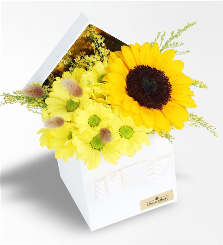 Arrangement of Yellow Daisies and Sunflowers in a White Box