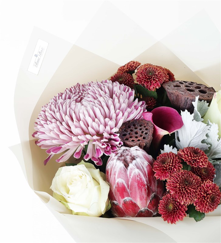Coral - Protea Anastasia Gala and Lotus Flower Bouquet