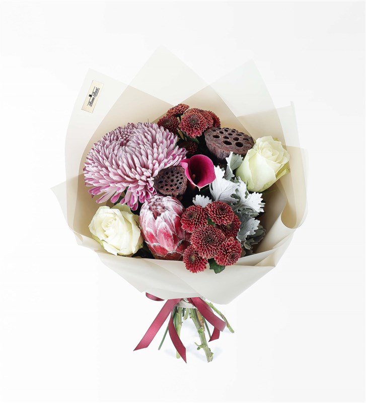 Coral - Protea Anastasia Gala and Lotus Flower Bouquet