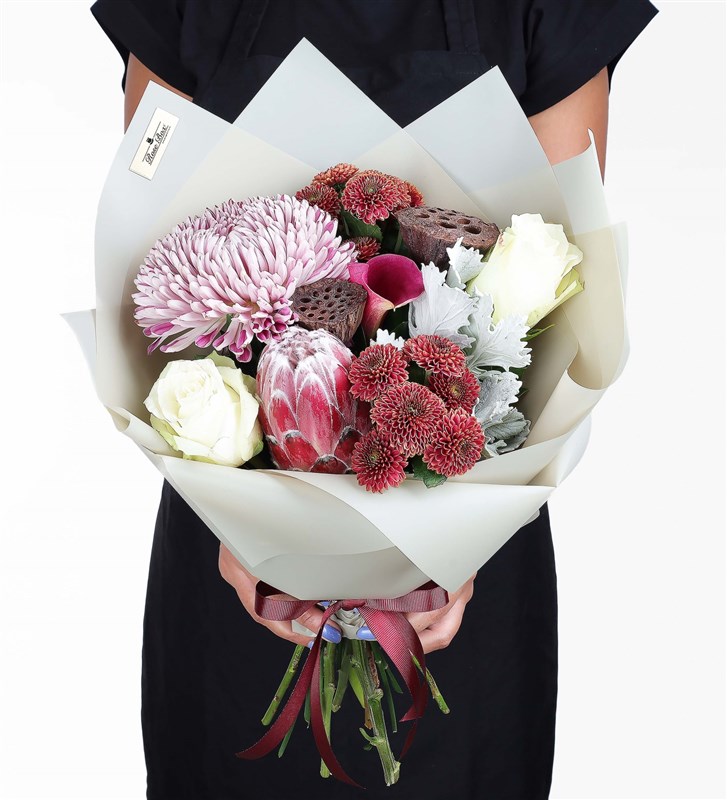 Coral - Protea Anastasia Gala and Lotus Flower Bouquet