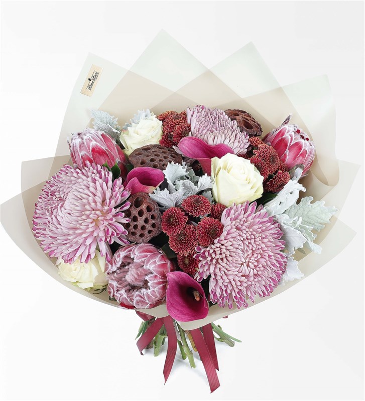 Coral L - Protea Anastasia Gala and Lotus Flower Bouquet