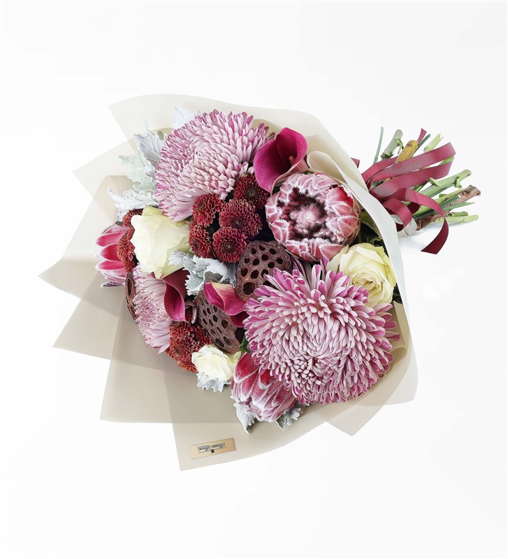 Coral L - Protea Anastasia Gala and Lotus Flower Bouquet