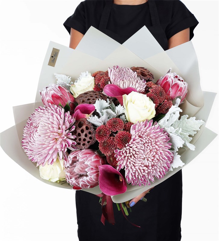 Coral L - Protea Anastasia Gala and Lotus Flower Bouquet