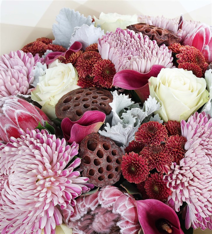 Coral XL - Protea Anastasia Gala and Lotus Flower Bouquet