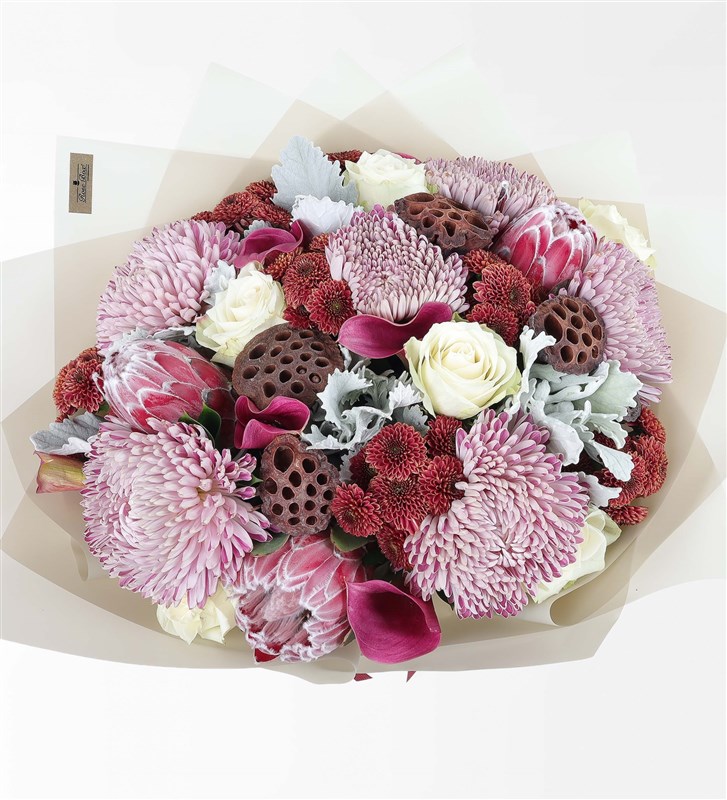Coral XL - Protea Anastasia Gala and Lotus Flower Bouquet
