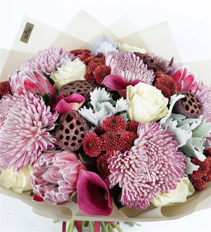 Coral XL - Protea Anastasia Gala and Lotus Flower Bouquet