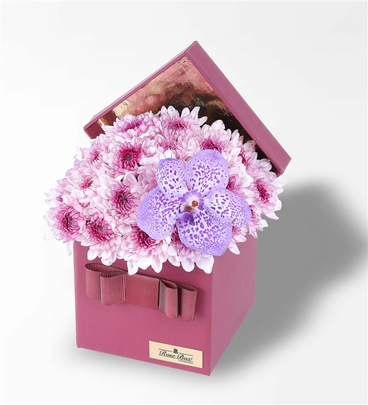 Pink Daisies and Vanda Purple Orchids in a Burgundy Box
