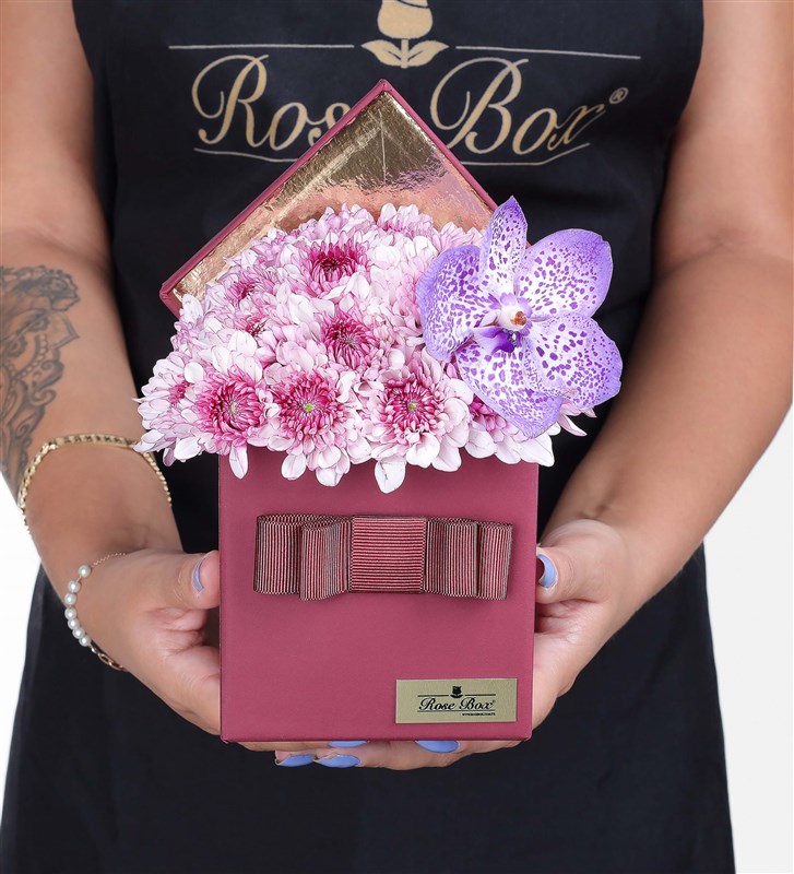 Pink Daisies and Vanda Purple Orchids in a Burgundy Box