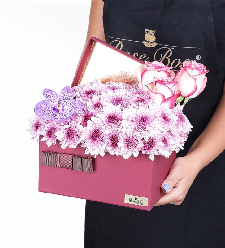 Pink Daisies and Vanda Purple Orchids in a Burgundy Box (XL)