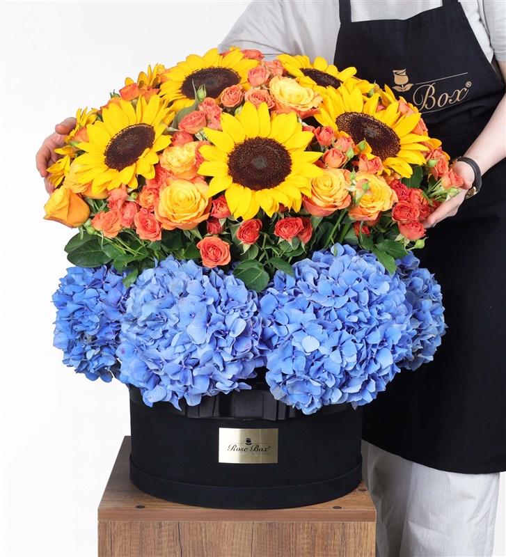 Rio - Panoramic Sunflower and Hydrangea Flower Arrangement in a Giant Box
