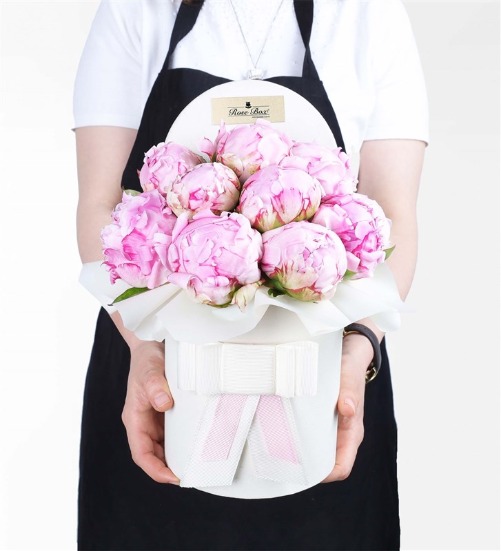 Pink Peonies in a White Velvet Cylindrical Box