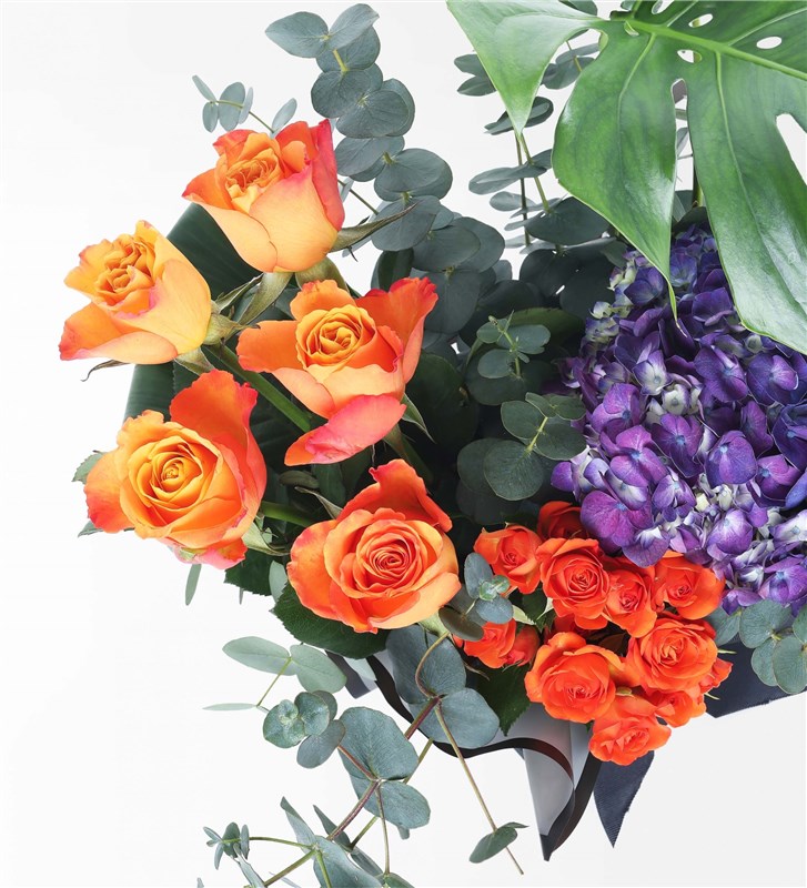Flower Arrangement in a Black Box with Purple Hydrangeas and Orange Roses (XL)