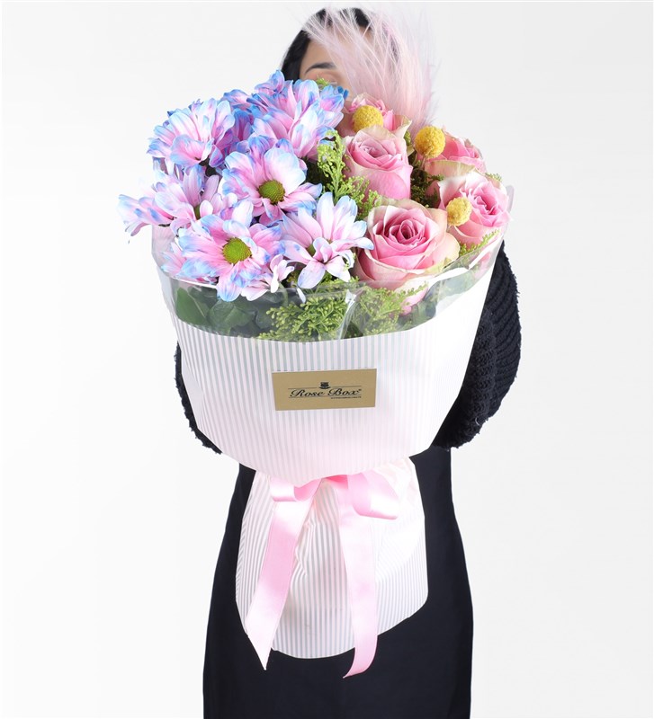 Rainbow Daisy and Athena Royal Rose Bouquet