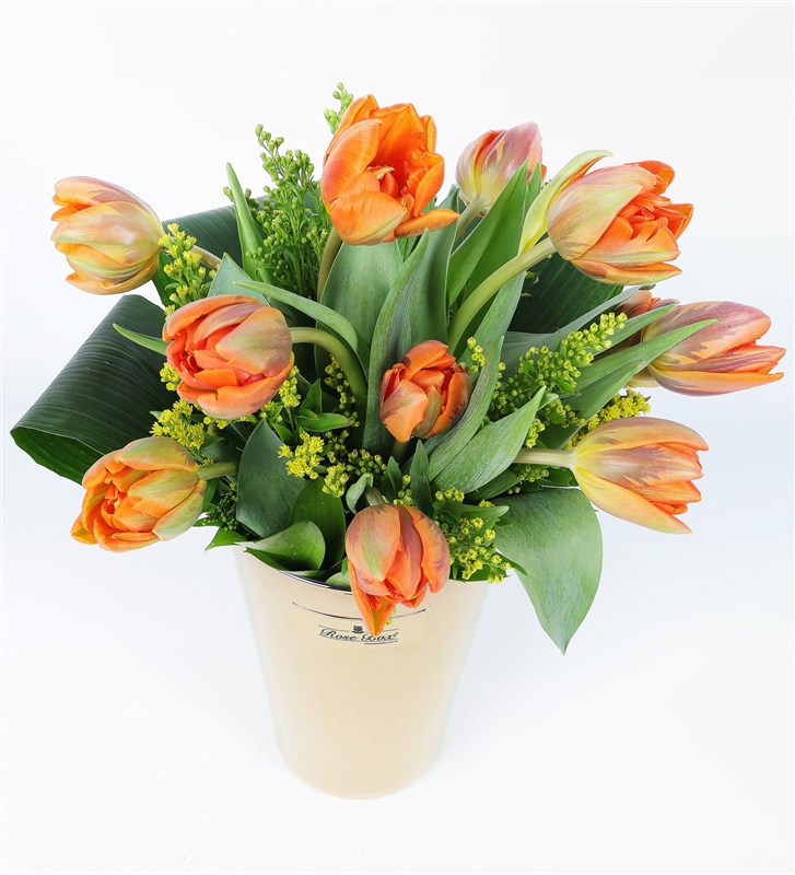 Orange Tulip Arrangement in a Bronze Glass Vase