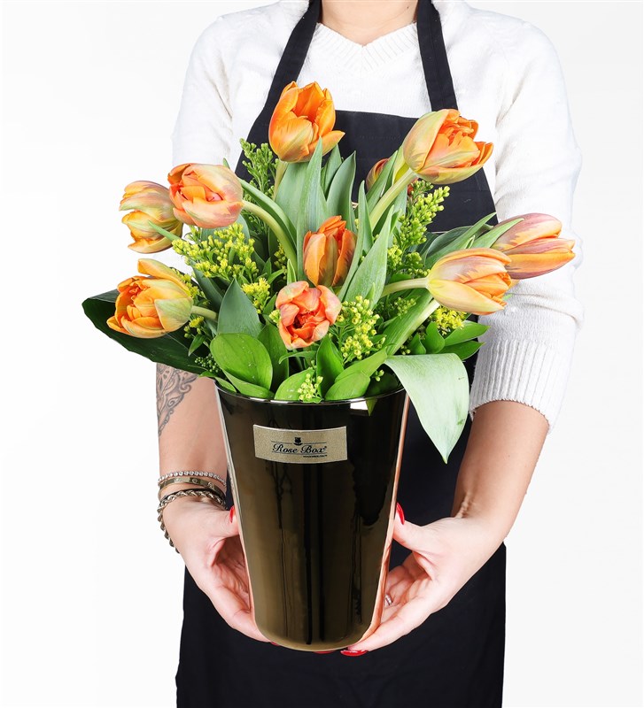 Orange Tulip Arrangement in a Bronze Glass Vase