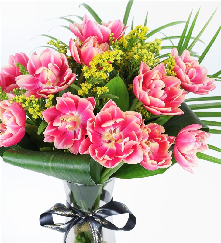 Pink Tulip Arrangement in a Black Vase