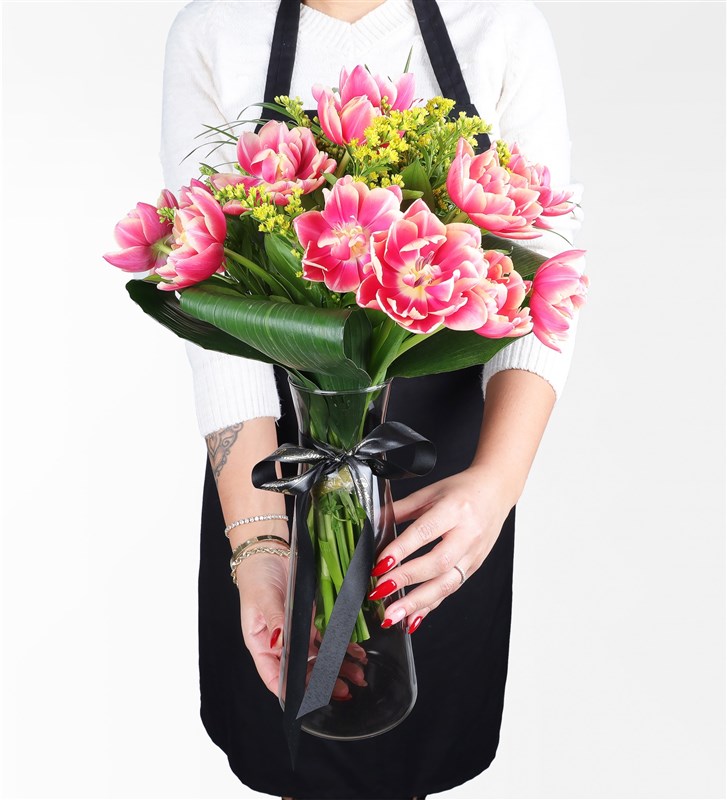 Pink Tulip Arrangement in a Black Vase